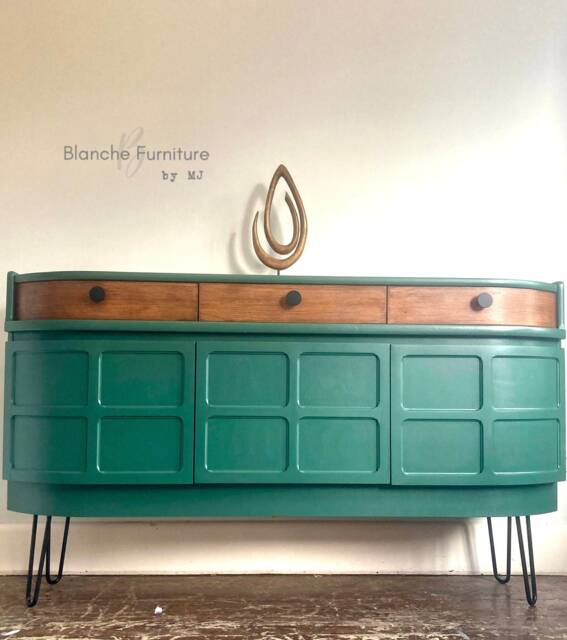 Mid Century Luxury Sideboard Nathan - Curved Teak Forrest Green Steel Hairpin Legs - image 1