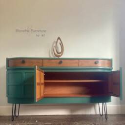 Mid Century Luxury Sideboard Nathan - Curved Teak Forrest Green Steel Hairpin Legs - thumbnail 4