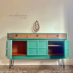 Mid Century Luxury Sideboard Nathan - Curved Teak Forrest Green Steel Hairpin Legs - thumbnail 3