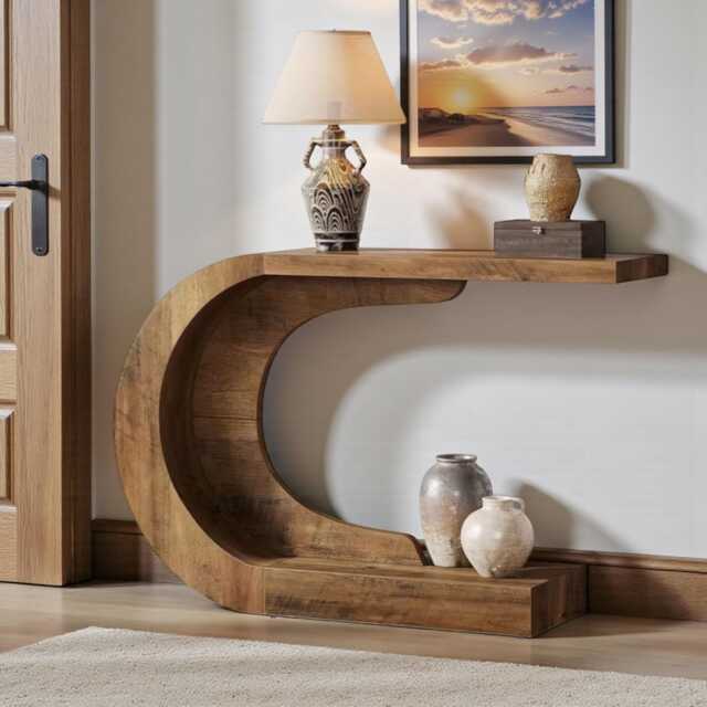 Wooden Console Table C-Shaped Entryway & Hallway, 110cm Brown Foyer Table - image 1