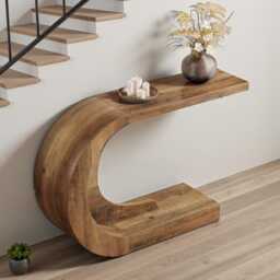 Wooden Console Table C-Shaped Entryway & Hallway, 110cm Brown Foyer Table - thumbnail 3