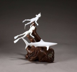 Pellucida Blue Shark Sculpture Divers On Burlwood Base, 9In - thumbnail 1