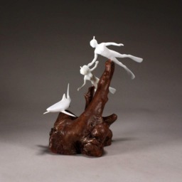 Pellucida Blue Shark Sculpture Divers On Burlwood Base, 9In - thumbnail 2