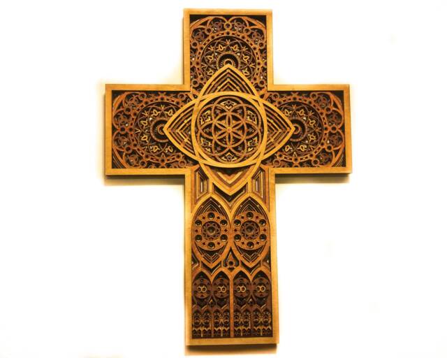 Wood Cross Stained Glass Church Cathedral Christian Altar Wedding Gift Laser Cut Art - image 1