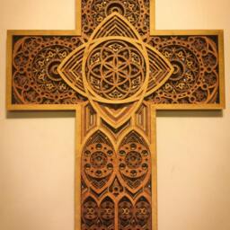 Wood Cross Stained Glass Church Cathedral Christian Altar Wedding Gift Laser Cut Art - thumbnail 3