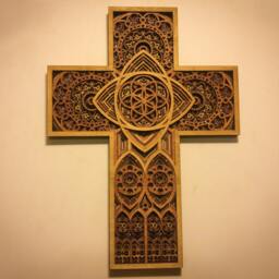 Wood Cross Stained Glass Church Cathedral Christian Altar Wedding Gift Laser Cut Art - thumbnail 2