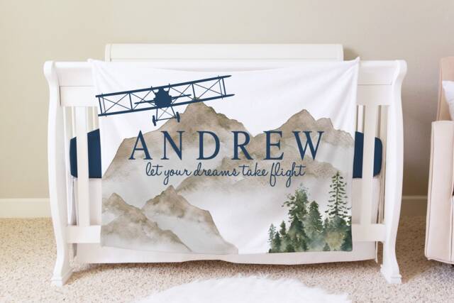 Airplane Blanket, Personalized Baby Blanket Gift, Toddler Aviation Nursery Decor, Birthday Plane Dream Big - image 1