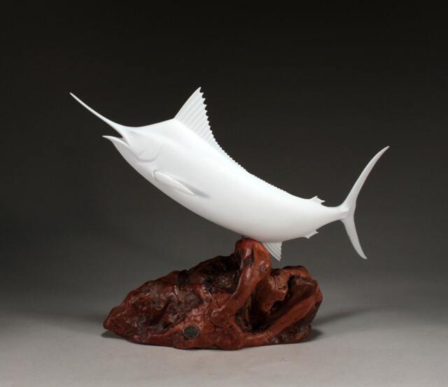 Marlin Sculpture Decor By John Perry 18In Long Pellucida Figurine On Burlwood Base - image 1