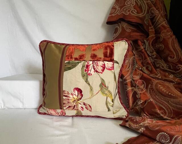 Embroidered Linen Velvet Pillow Cover Terra Cotta Floral, Designers Guild & Pierre Frey - image 1