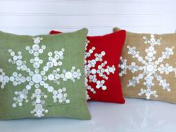 Snowflake Pillow, Decorative Holiday Green Christmas Burlap Decor, Best Friends Gift, Pillow With Buttons - thumbnail 1