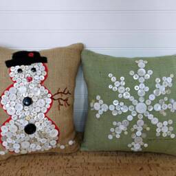 Snowflake Pillow, Decorative Holiday Green Christmas Burlap Decor, Best Friends Gift, Pillow With Buttons - thumbnail 3