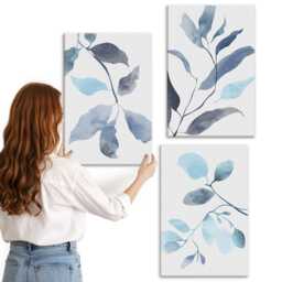 3 Piece Canvas Set - Blue Leaves On A Light Background, Watercolor Style, Wall Art Print, Plants & Flowers Decor - thumbnail 3
