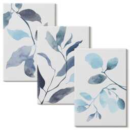 3 Piece Canvas Set - Blue Leaves On A Light Background, Watercolor Style, Wall Art Print, Plants & Flowers Decor - thumbnail 2