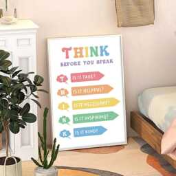Think Before You Speak Affirmations For Kids Quote Art Canvas Poster, Classroom Quotes, Children's Room Aesthetic Decor, Printed Gift - thumbnail 1