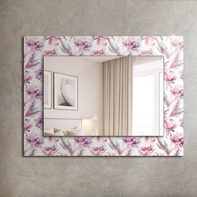 Purple Floral Patterns Mirror, Rectangular Mirror With Frame, Pink Wall Printed Decorative Bathroom - image 1