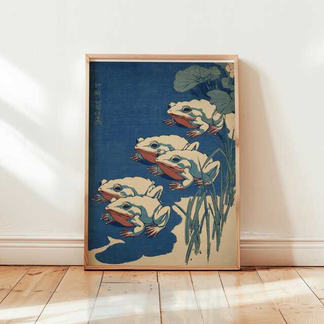 Japanese Frog Poster - Vintage Woodblock Style Illustration Blue Animal Art - image 1