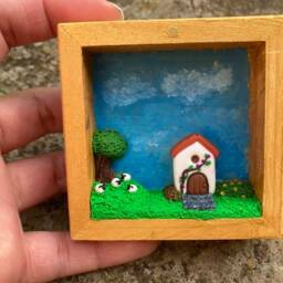 Miniature Sheep Farm Diorama Polymer Clay Cottage in Wooden Box - thumbnail 2