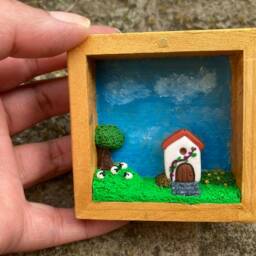 Miniature Sheep Farm Diorama Polymer Clay Cottage in Wooden Box - thumbnail 3