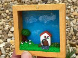 Miniature Sheep Farm Diorama Polymer Clay Cottage in Wooden Box