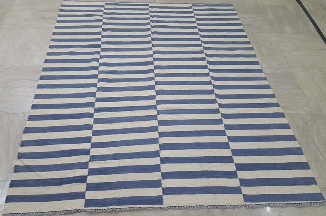 Blue White Striped Wool Kilim Rug Handmade Custom Area Boho Modern Carpet - image 1