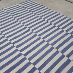 Blue White Striped Wool Kilim Rug Handmade Custom Area Boho Modern Carpet - thumbnail 2