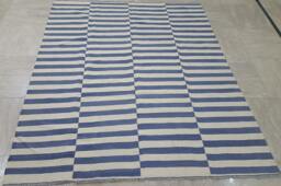 Blue White Striped Wool Kilim Rug Handmade Custom Area Boho Modern Carpet - thumbnail 1