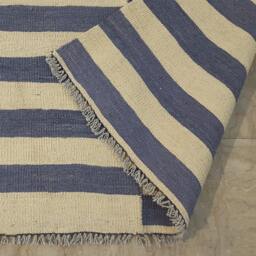 Blue White Striped Wool Kilim Rug Handmade Custom Area Boho Modern Carpet - thumbnail 4