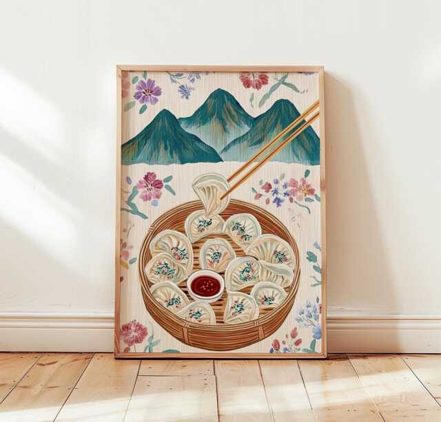Dumpling Wall Art, Asian Food Poster, Bamboo Steamer Kitchen Print - image 1