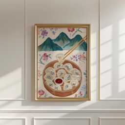 Dumpling Wall Art, Asian Food Poster, Bamboo Steamer Kitchen Print - thumbnail 3