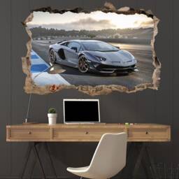 Grey Supercar Wall Sticker - Large Racing Car Decal For Gaming Room Boy's Sports Decor Lambo Print Vinyl - thumbnail 2