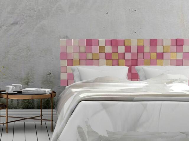 Wood Headboard King Size, Pink White Gold Cubes, Modern Wall Decor - image 1