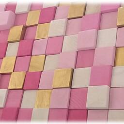 Wood Headboard King Size, Pink White Gold Cubes, Modern Wall Decor - thumbnail 3