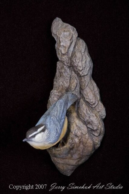 Looking Up Ii - Red-Breasted Nuthatch Bird Bronze Realistic Wildlife