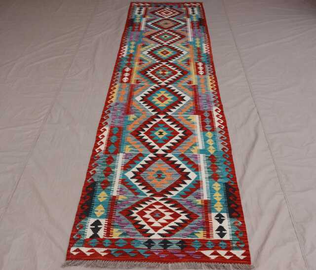 3x11 Flatweave Runner Rug, Afghan Handmade Kilim Rug, Multicolor Wool Geometric Design Turkmen Tribal Oriental Hallway - image 1