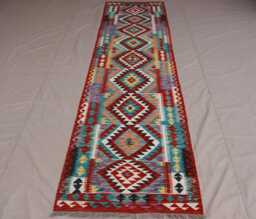 3x11 Flatweave Runner Rug, Afghan Handmade Kilim Rug, Multicolor Wool Geometric Design Turkmen Tribal Oriental Hallway - thumbnail 1