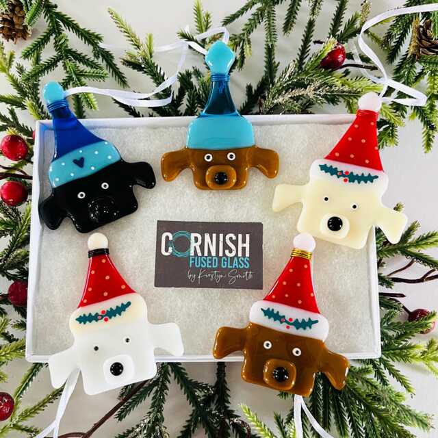 Fused Glass Dog Christmas Decoration -Fused Ornament, Dog Decoration, Santa Hat Cornish Fused Glass - image 1