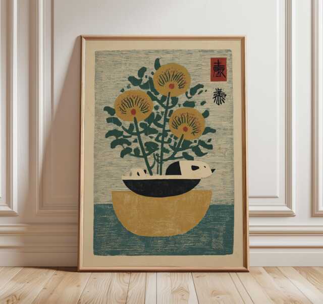 Japanese Botanical Wall Art, Mid Century Floral Print, Minimal Nature Illustration, Golden Yellow & Green Home Decor, Modern Zen Poster - image 1