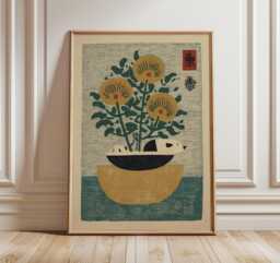 Japanese Botanical Wall Art, Mid Century Floral Print, Minimal Nature Illustration, Golden Yellow & Green Home Decor, Modern Zen Poster - thumbnail 1