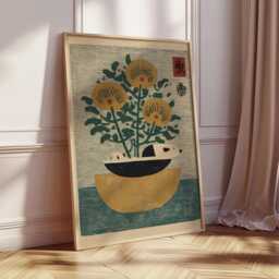 Japanese Botanical Wall Art, Mid Century Floral Print, Minimal Nature Illustration, Golden Yellow & Green Home Decor, Modern Zen Poster - thumbnail 2