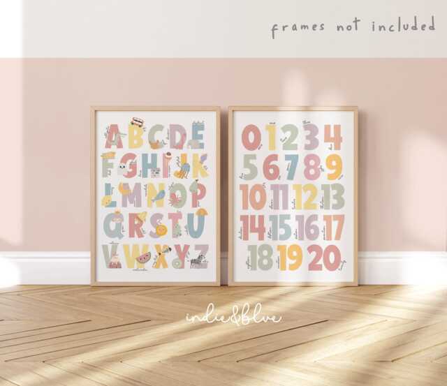 Alphabet & Numbers Print Set, Pastel Educational Prints, Scandi Nursery, Girl Nursery Playroom Prints - image 1