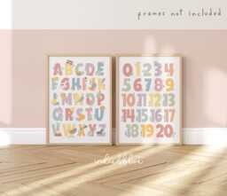 Alphabet & Numbers Print Set, Pastel Educational Prints, Scandi Nursery, Girl Nursery Playroom Prints - thumbnail 1