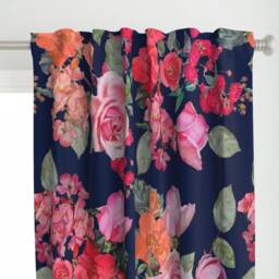 Floral Curtain Panel - Vintage Garden Roses Botanical Spring Kitchen Custom Navy - Large By Theartwerks - thumbnail 1