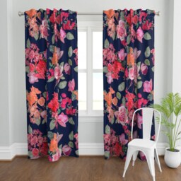 Floral Curtain Panel - Vintage Garden Roses Botanical Spring Kitchen Custom Navy - Large By Theartwerks - thumbnail 2