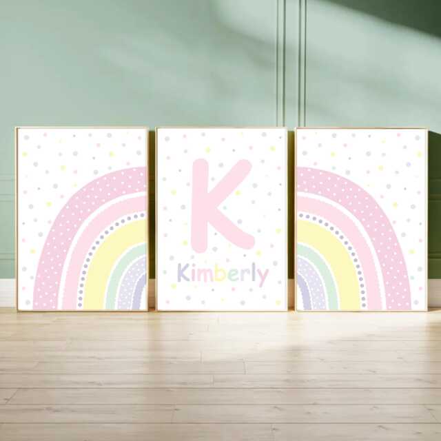 Pastel Nursery Rainbow Prints Personalised Baby Girl Bedroom Wall Art Set - image 1