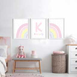 Pastel Nursery Rainbow Prints Personalised Baby Girl Bedroom Wall Art Set - thumbnail 3