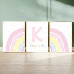 Pastel Nursery Rainbow Prints Personalised Baby Girl Bedroom Wall Art Set - thumbnail 1