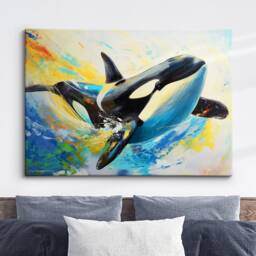 Orca Whale Animal Abstract Oil Painting Colourful Paint Splatter Style Wall Art Framed Canvas Poster Print, Home Office Room Decor - thumbnail 1