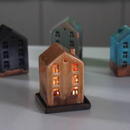 Handmade Mustard Yellow Ceramic House Candle Lantern Cozy Home Decor - thumbnail 2