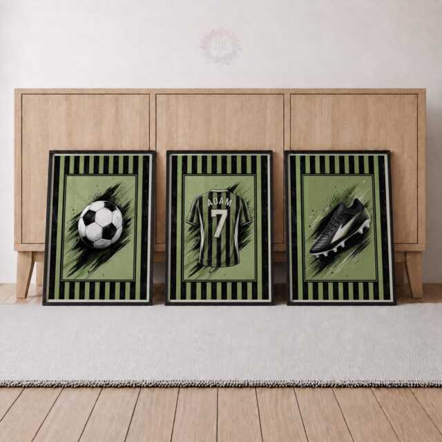 Green Football Print Set Of 3 - Personalised Kids Bedroom Prints, Soccer Poster Wall Art - image 1