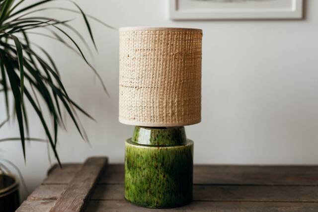 Pistachio/Green Boho Chic Handglazed-Handmade Bedside Ceramic Lamp With Raffia/Rattan Shade - image 1